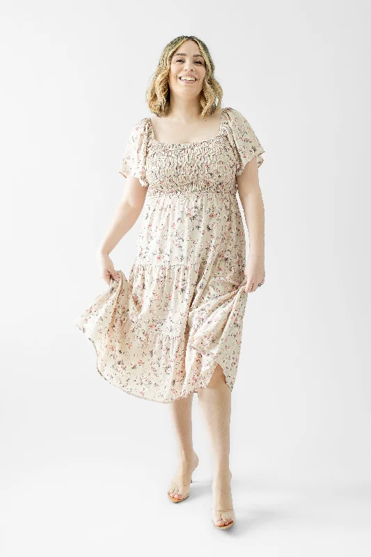 Adella Smocked Floral Midi Dress in Taupe