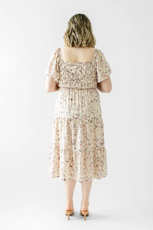 Adella Smocked Floral Midi Dress in Taupe