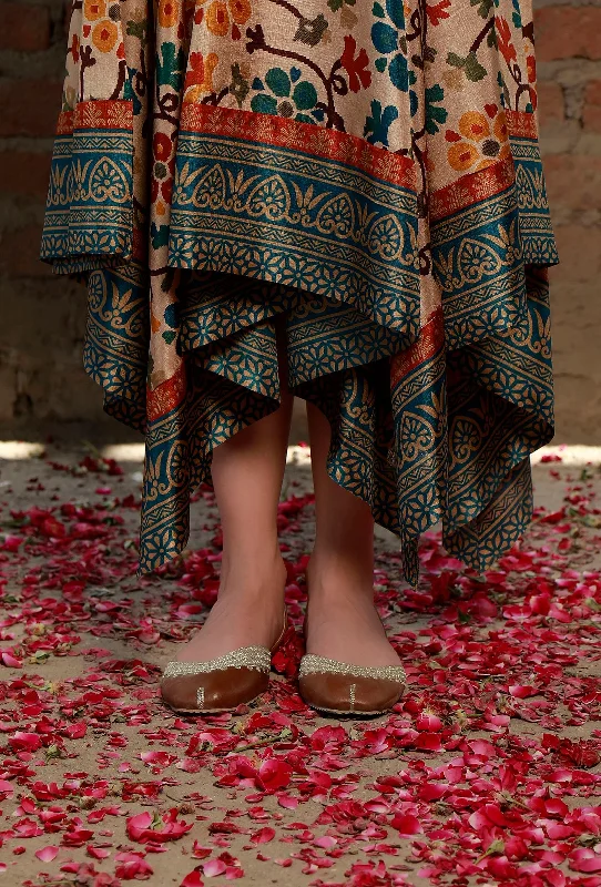 Beige Kalamkari Printed Cotton Silk Asymmetrical Dress