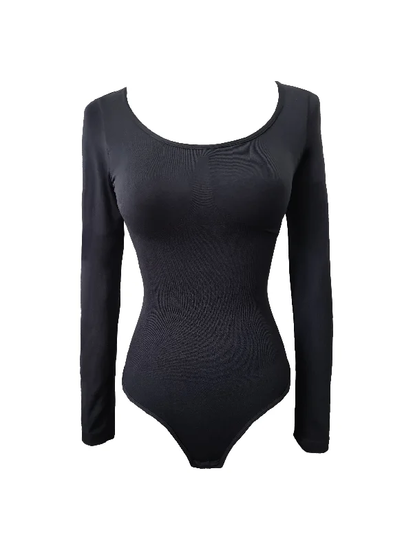 Core Trainer Long Sleeve Round Neck Sculpting Bodysuit - Black