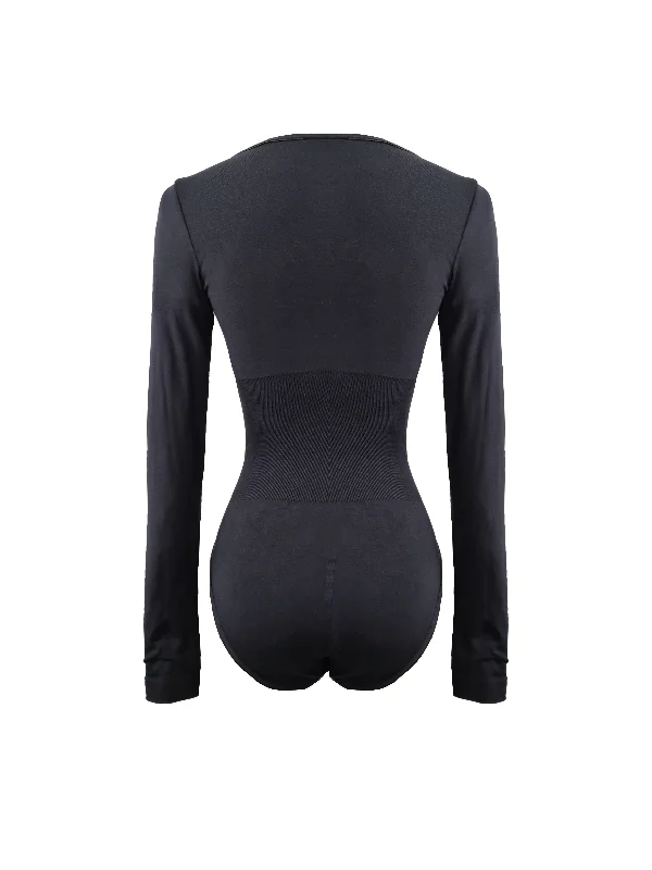 Core Trainer Long Sleeve Round Neck Sculpting Bodysuit - Black