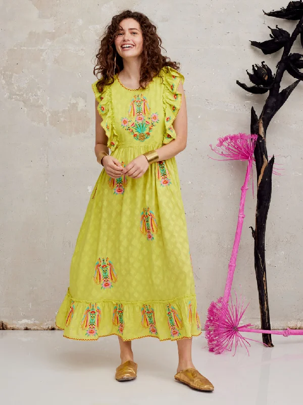 Perilla Dress Parrot Embroidery on Lime Jacquard