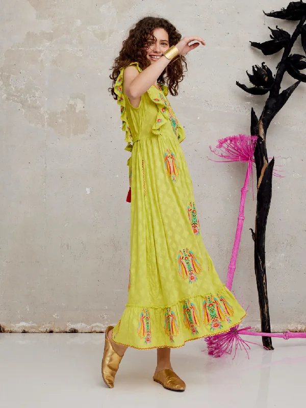 Perilla Dress Parrot Embroidery on Lime Jacquard