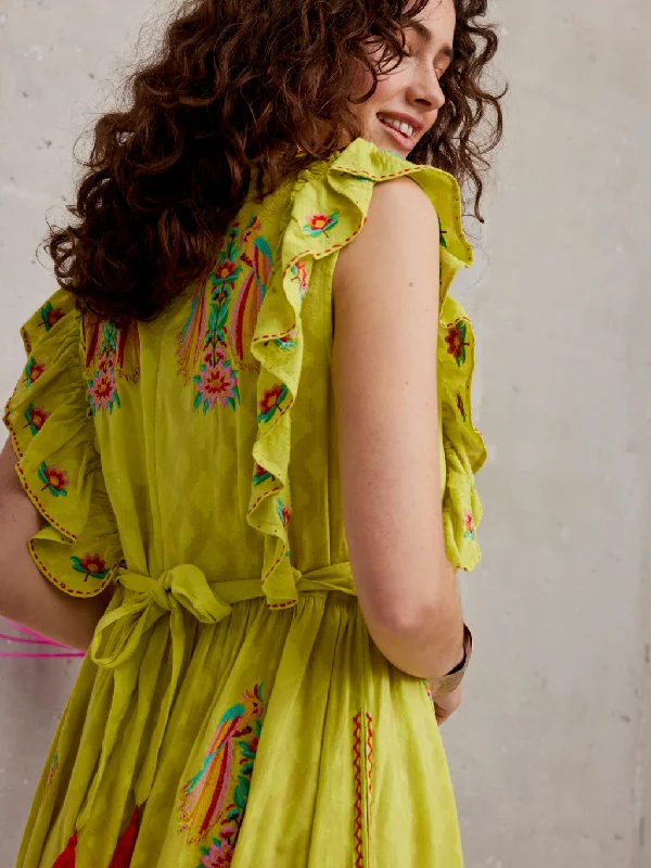 Perilla Dress Parrot Embroidery on Lime Jacquard