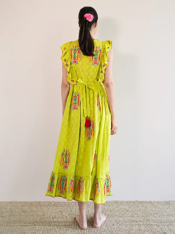 Perilla Dress Parrot Embroidery on Lime Jacquard