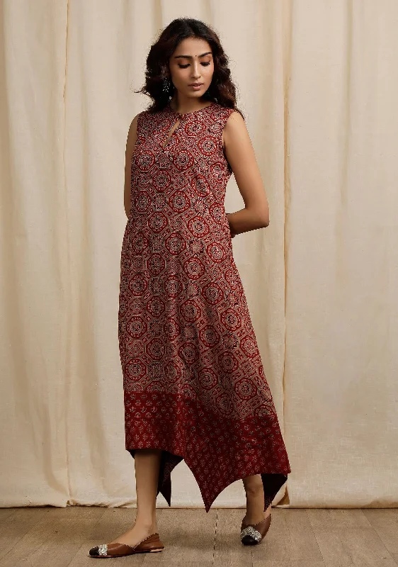 Red Ajrakh Print Sleeveless Asymmetrical Dress