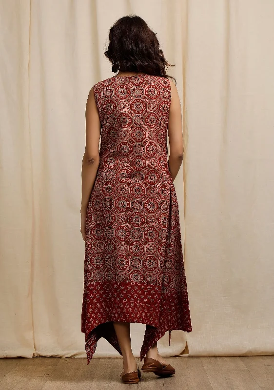 Red Ajrakh Print Sleeveless Asymmetrical Dress