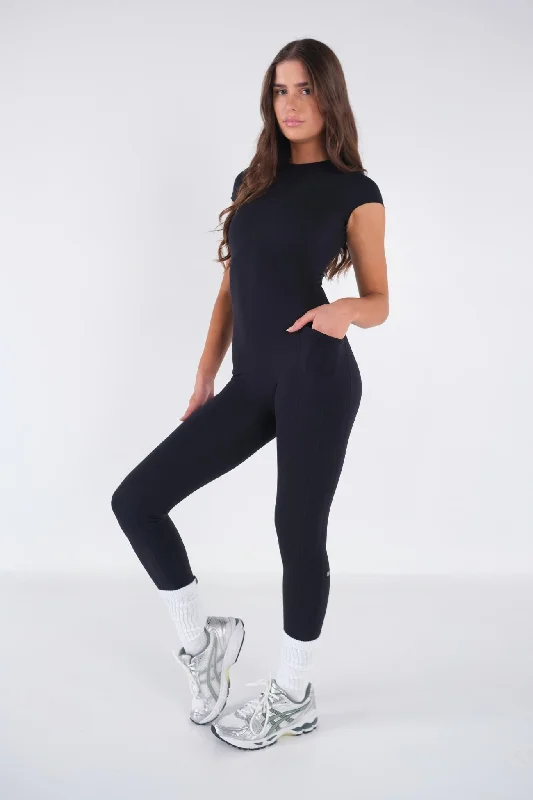 Short Sleeve Full Pocket Bodysuit - Black