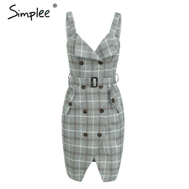 Simplee Plaid Strap women dress office lady High waist split sash short dress