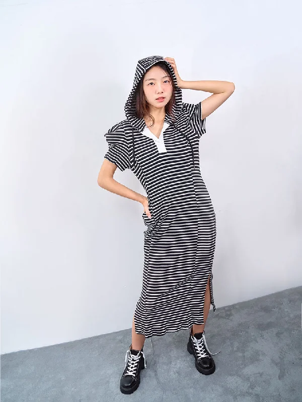 Striped Melon Sleeve Hoodie Dress