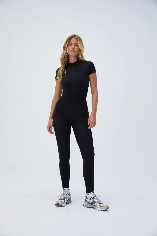 Ultimate Short Sleeve Zip Front Pocket Unitard - Black