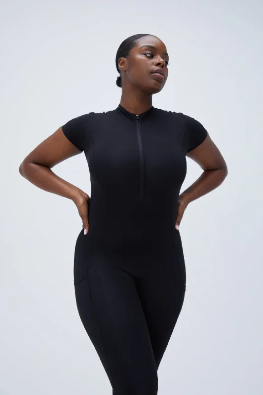 Ultimate Short Sleeve Zip Front Pocket Unitard - Black