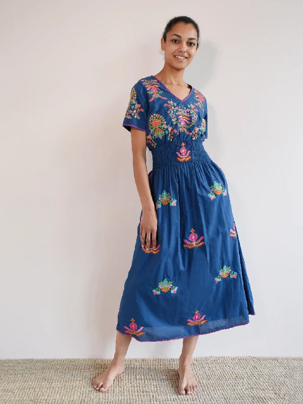 Verbena Dress Golden Flower Embroidery on Navy