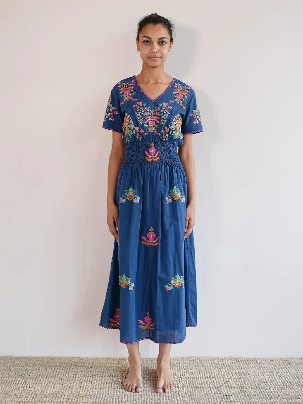 Verbena Dress Golden Flower Embroidery on Navy