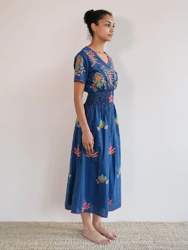 Verbena Dress Golden Flower Embroidery on Navy