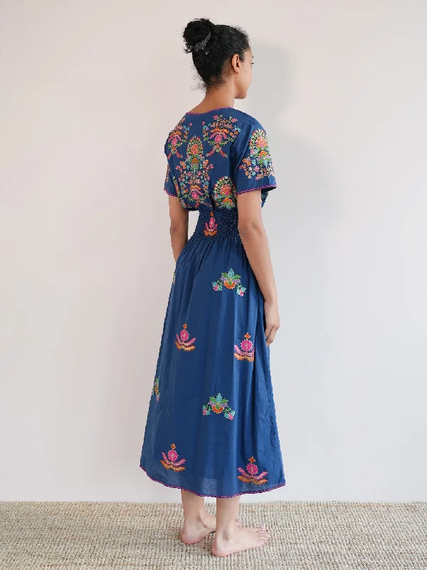 Verbena Dress Golden Flower Embroidery on Navy