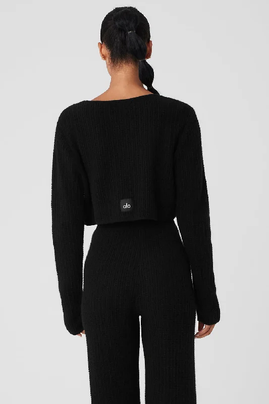 Cashmere Plush Waffle Cropped Long Sleeve - Black