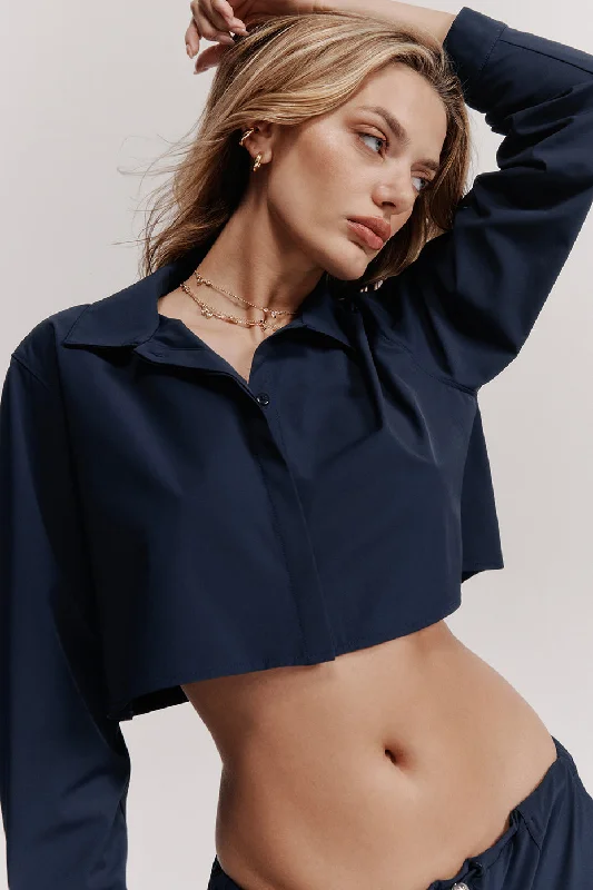 Cropped Take Me Out Button Up - Navy