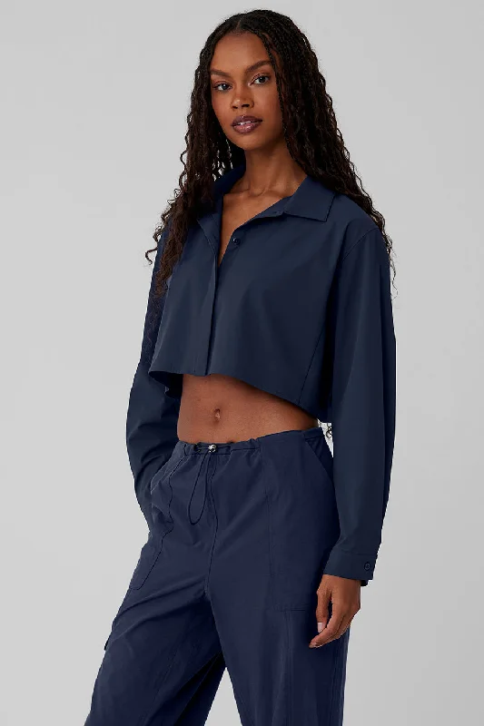 Cropped Take Me Out Button Up - Navy