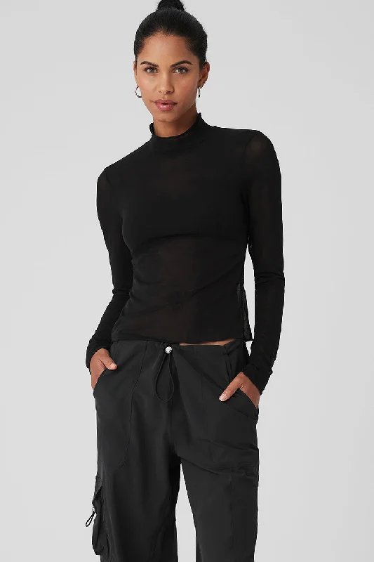 Mesh Sheer Illusion Mock Neck Long Sleeve - Black