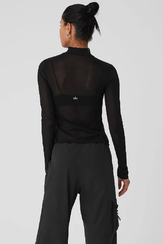 Mesh Sheer Illusion Mock Neck Long Sleeve - Black