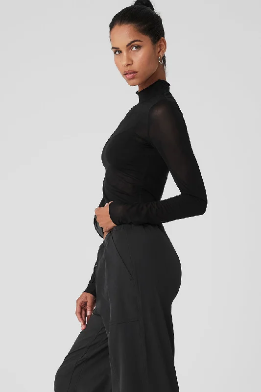 Mesh Sheer Illusion Mock Neck Long Sleeve - Black