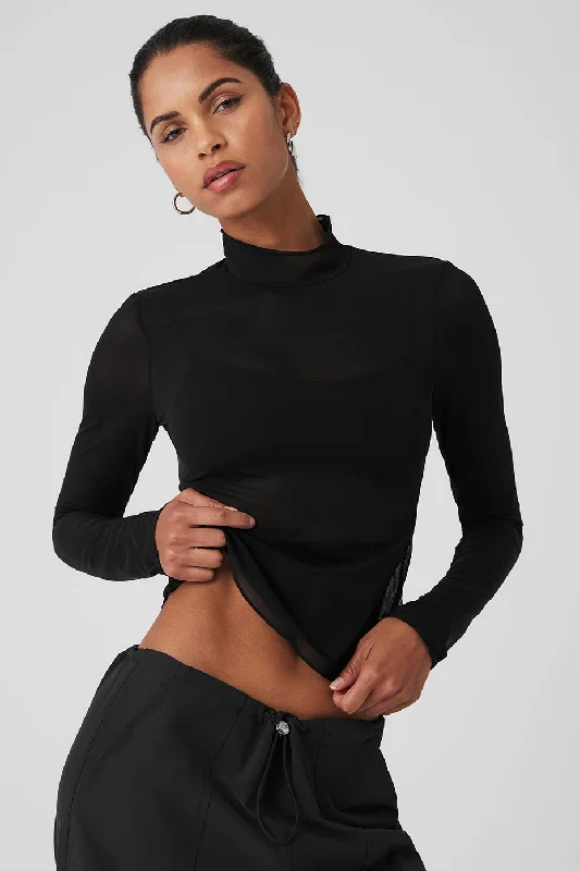 Mesh Sheer Illusion Mock Neck Long Sleeve - Black