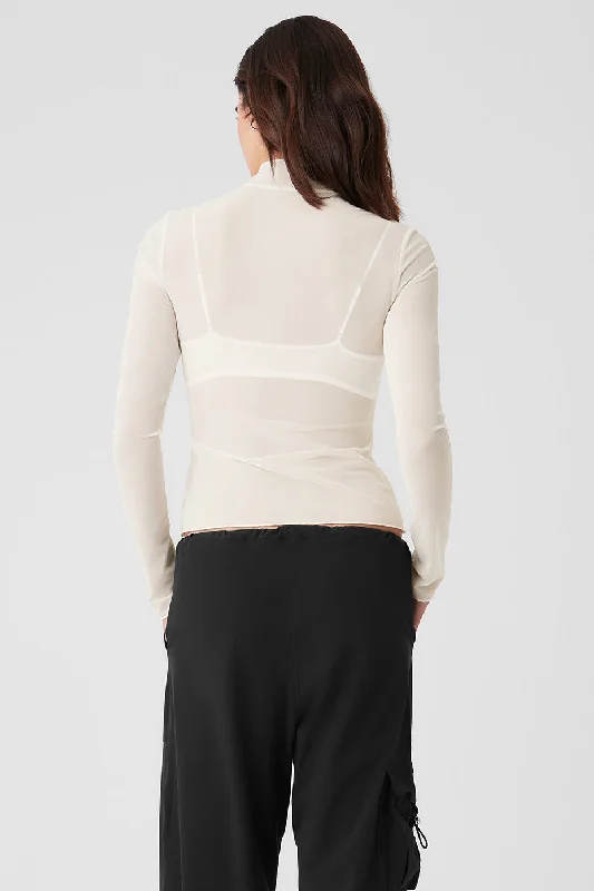 Mesh Sheer Illusion Mock Neck Long Sleeve - Ivory