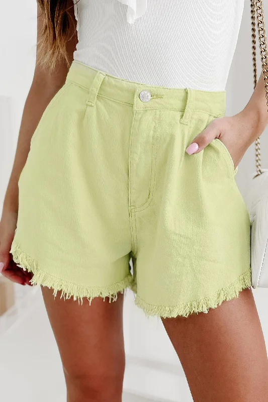 Becky High Waist Frayed Hem Denim Shorts (Spring Green)