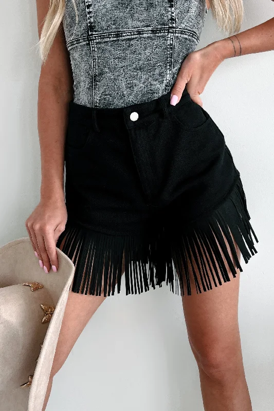 Here For A Good Time High Waist Fringed Shorts (Black Denim)