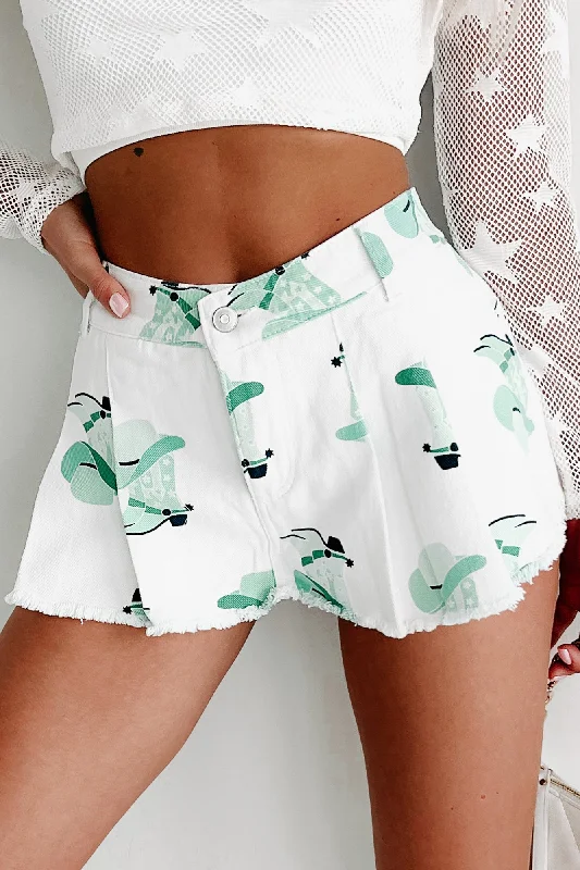 Howdy Partner Pleated Western Print Denim Skort (Mint/White)