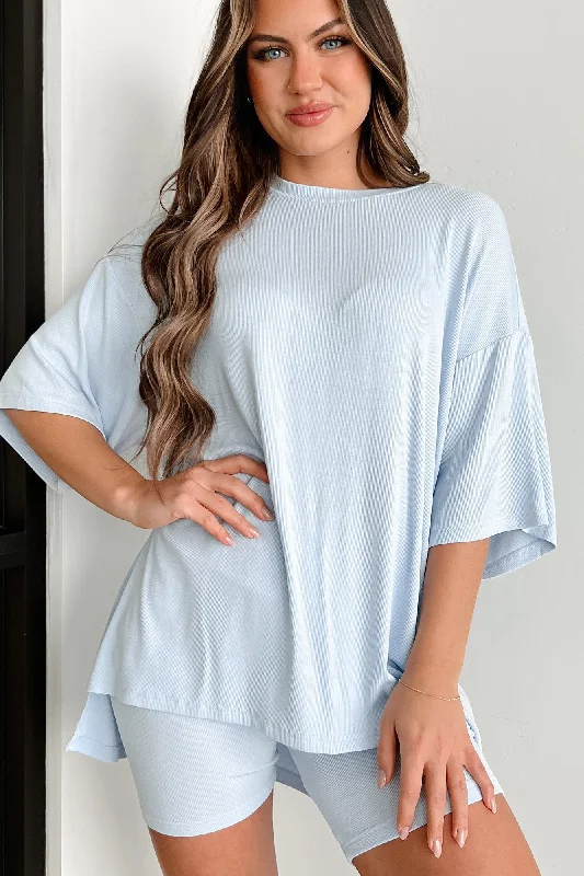 Nap Trapped Ribbed T-Shirt & Biker Shorts Set (Sky Blue)