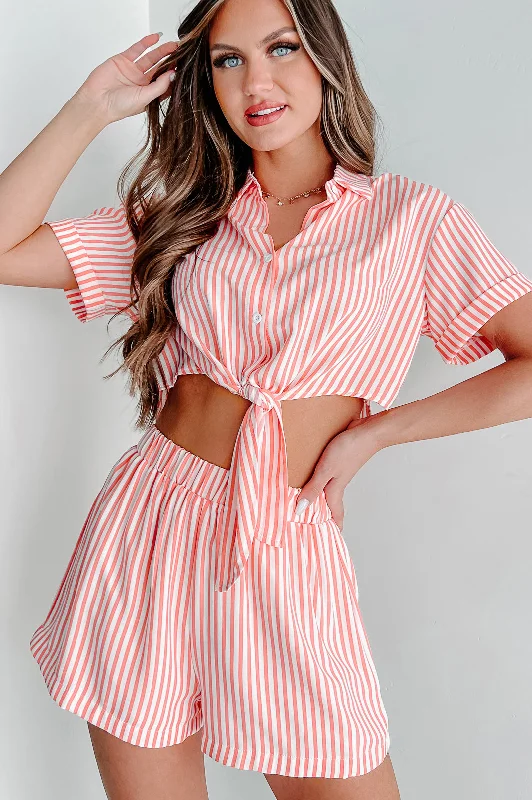 Near The Pier Striped Two-Piece Shorts Set (Pink)