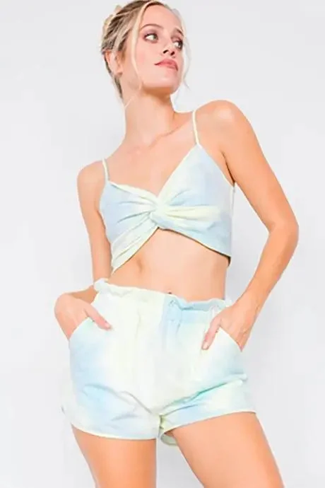 Neon Mint Tie Dye Front Twist Crop Top & High Waist Chic Flounce Short Set