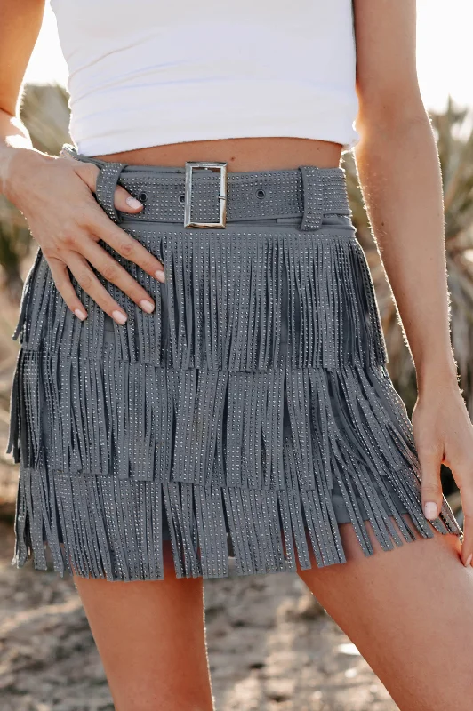 Spotlight Stealer Rhinestone Fringe Mini Skort (Denim Blue)