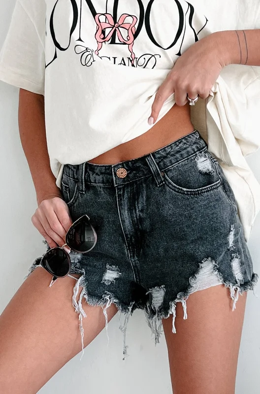 Viana Mid Rise Distressed Denim Shorts (Grey)