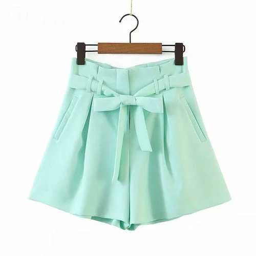 Women High Waist Pants Tie Flare Shorts With Pockes Ladies Pink Mint