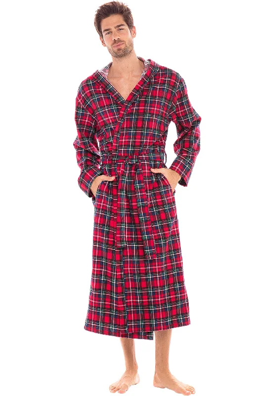 Men's Cotton Flannel Robe with Pockets, Hooded Bathrobe