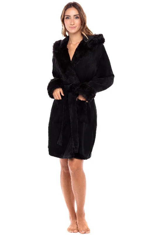 Women's Plush Fleece Robe with Faux Fur Accents, Short Bathrobe