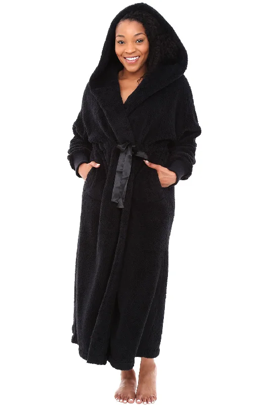 Women's Plush Fleece Robe with Hood, Long Warm Hooded Bathrobe