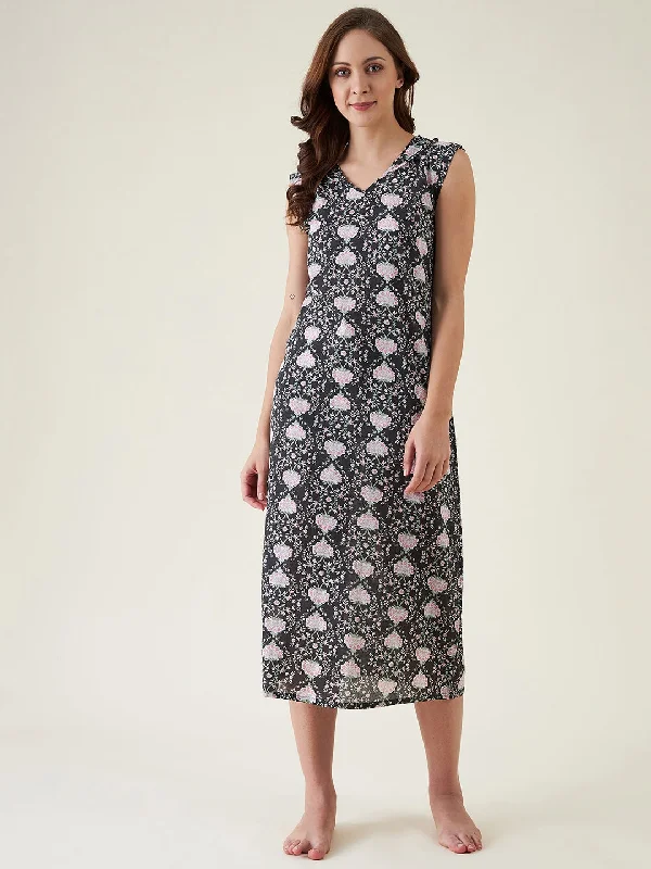 Black Floral Cotton Nightdress