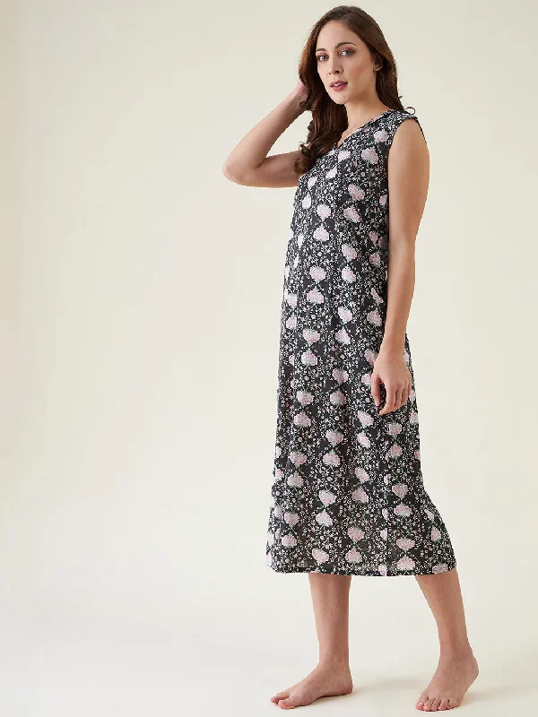 Black Floral Cotton Nightdress