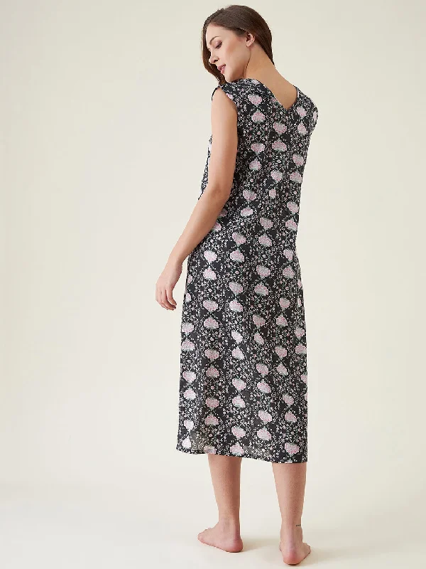 Black Floral Cotton Nightdress