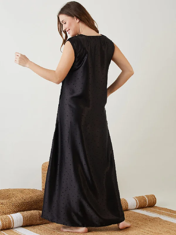 Black Satin Negligee Nightdress with Lace