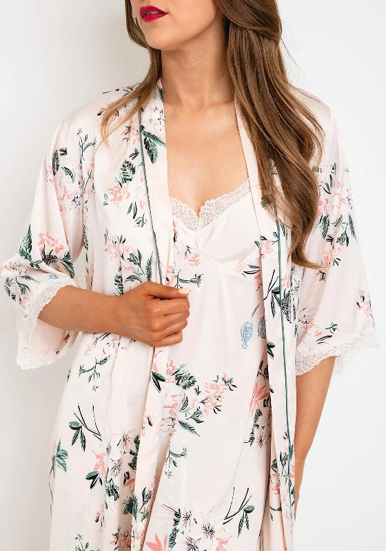 Serafina Collection Floral Robe and Chemise Set, Nude