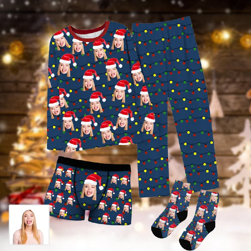 Christmas Colorful Lanterns Printed Custom Face Men's Pajamas & Boxer Briefs & Socks Sets