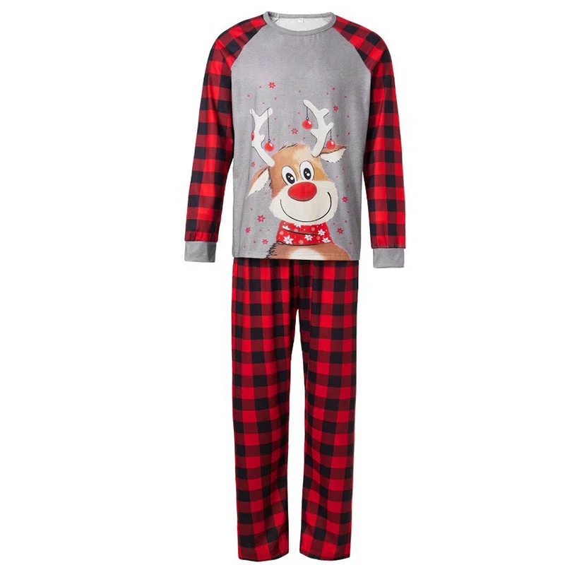 Christmas Round Collar Elk Printed Gray Family Matching Pajamas Set