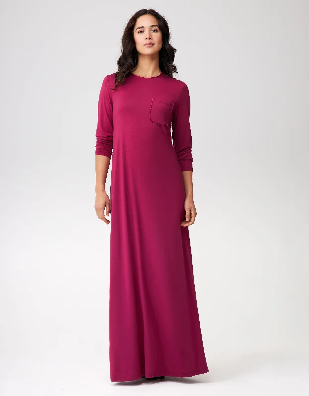 Satin Trimmed Nightgown with Pocket New Wine