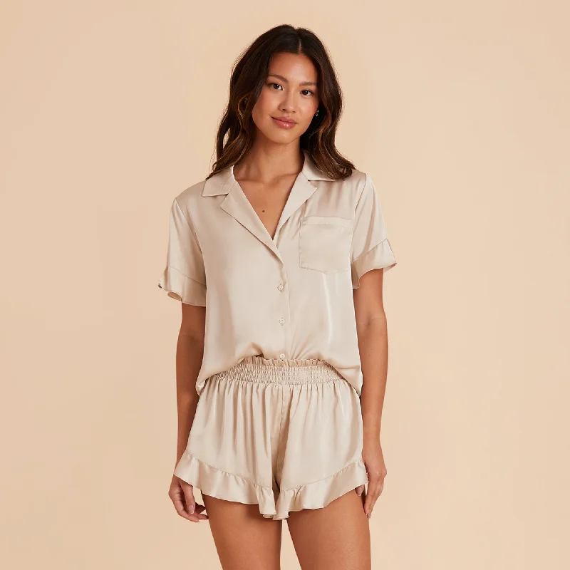 Esther Ruffled Short Sleeve Pajama Set - Neutral Champagne