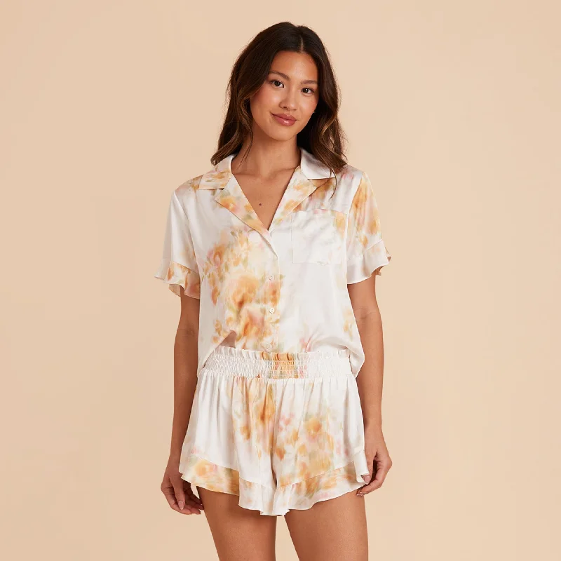 Esther Ruffled Short Sleeve Pajama Set - White Blurred Floral